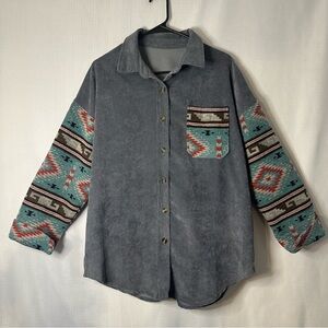 Women’s Oversized Grey Western Tribal Aztec Inspired BOHO Shacket Medium